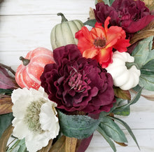 Load image into Gallery viewer, Burgundy Peony and Pumpkin Fall Wreath
