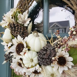 White Sunflower Fall Wreath with Pumpkins and Pine Cones