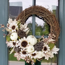 Load image into Gallery viewer, White Sunflower Fall Wreath with Pumpkins and Pine Cones
