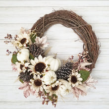 Load image into Gallery viewer, White Sunflower Fall Wreath with Pumpkins and Pine Cones