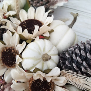 White Sunflower Fall Wreath with Pumpkins and Pine Cones