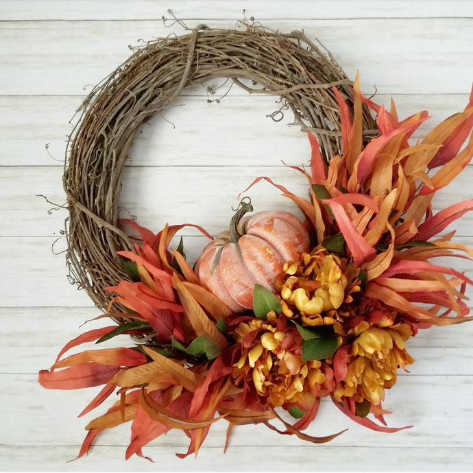 Burnt Orange Peony and Pumpkin Wreath