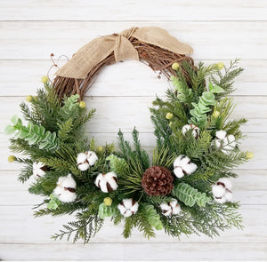 Winter Pine and Cotton Wreath