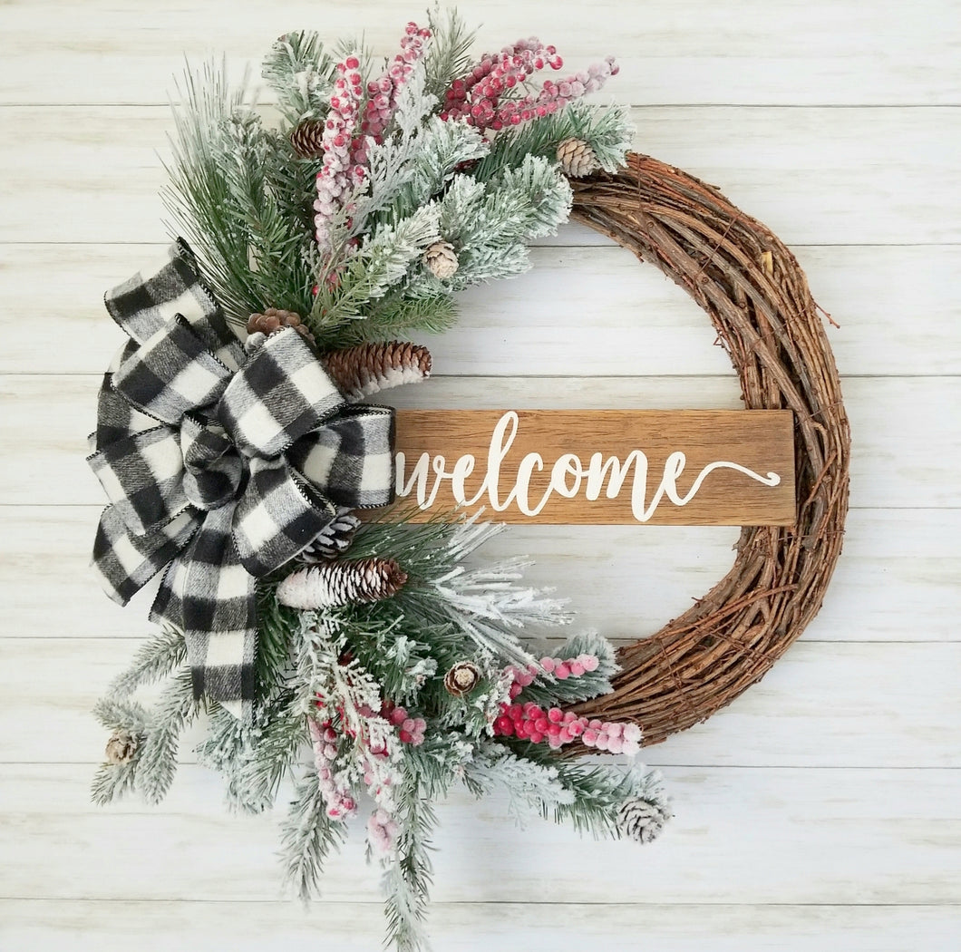 Snowy Berry Welcome Wreath with Buffalo Plaid Bow