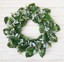 Load image into Gallery viewer, Mixed Greenery Magnolia Wreath