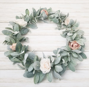 Spring Lamb's Ear Wreath with Blush Pink and Cream Flowers