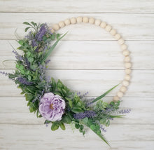 Load image into Gallery viewer, Spring Lavender and Eucalyptus Wood Bead Hoop Wreath