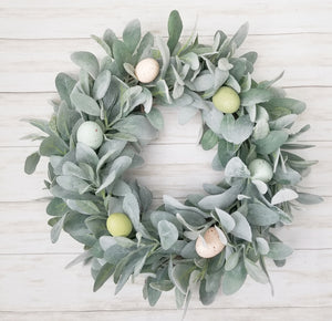 Spring Everyday Lambs Ear Wreath with Pastel Easter Eggs