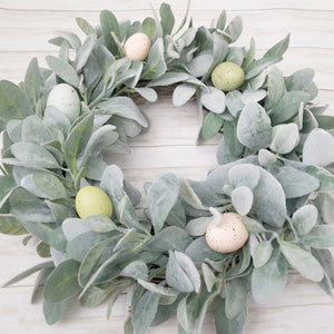 Spring Everyday Lambs Ear Wreath with Pastel Easter Eggs