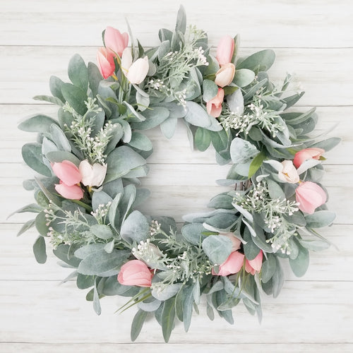 Spring Lamb's Ear and Pink Tulip Wreath