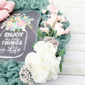 Spring Turquoise Burlap Wreath with Chalkboard sign