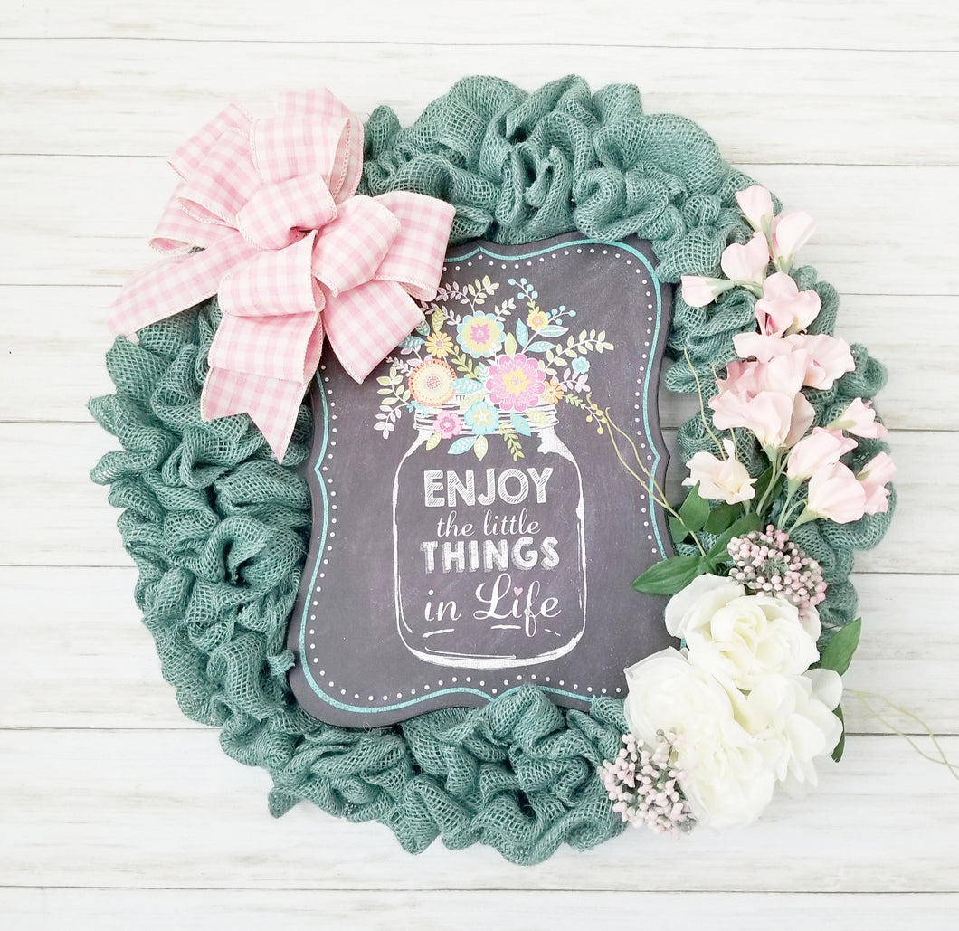 Spring Turquoise Burlap Wreath with Chalkboard sign