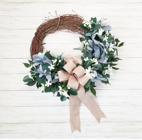 Large Everyday Lamb's Ear Wreath with White Jasmine and Neutral Bow