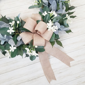Large Everyday Lamb's Ear Wreath with White Jasmine and Neutral Bow
