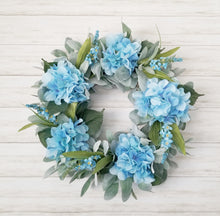 Load image into Gallery viewer, Farmhouse Blue Hydrangea and Lamb&#39;s Ear Wreath