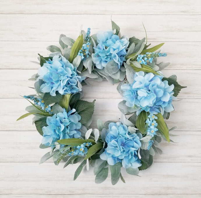Farmhouse Blue Hydrangea and Lamb's Ear Wreath