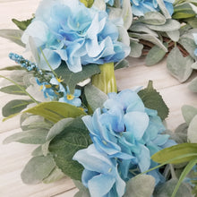 Load image into Gallery viewer, Farmhouse Blue Hydrangea and Lamb&#39;s Ear Wreath