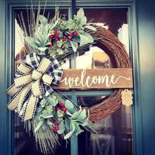 Load image into Gallery viewer, Farmhouse Christmas Pine and Lambs Ear Wreath with Buffalo Check Bow