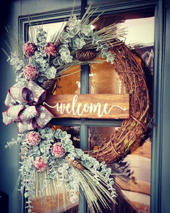 Frosted Pine and Eucalyptus Wreath with Snowflake Bow
