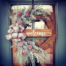 Load image into Gallery viewer, Frosted Pine and Eucalyptus Wreath with Snowflake Bow