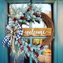 Load image into Gallery viewer, Frosted Pine and Eucalyptus Wreath with Buffalo Check Bow
