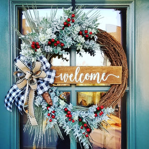 Frosted Pine and Eucalyptus Wreath with Buffalo Check Bow