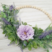 Load image into Gallery viewer, Spring Lavender and Eucalyptus Wood Bead Hoop Wreath